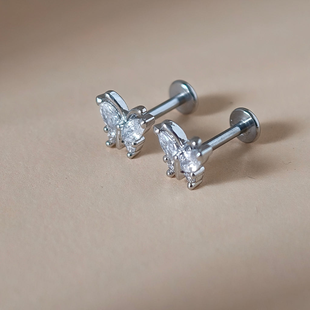 Framed Crystal Butterfly Flat Back Labret - Surgical Stainless Steel 316L