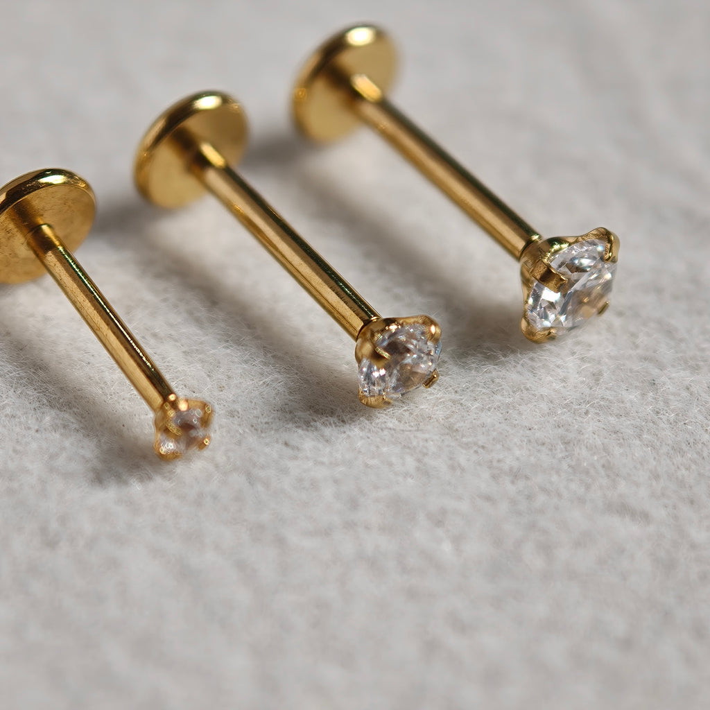 Plug in Gold Stud CZ Flat Back Labret  - Surgical Stainless Steel 316L