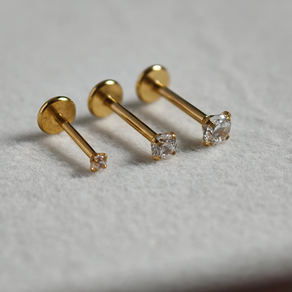Plug in Gold Stud CZ Flat Back Labret  - Surgical Stainless Steel 316L